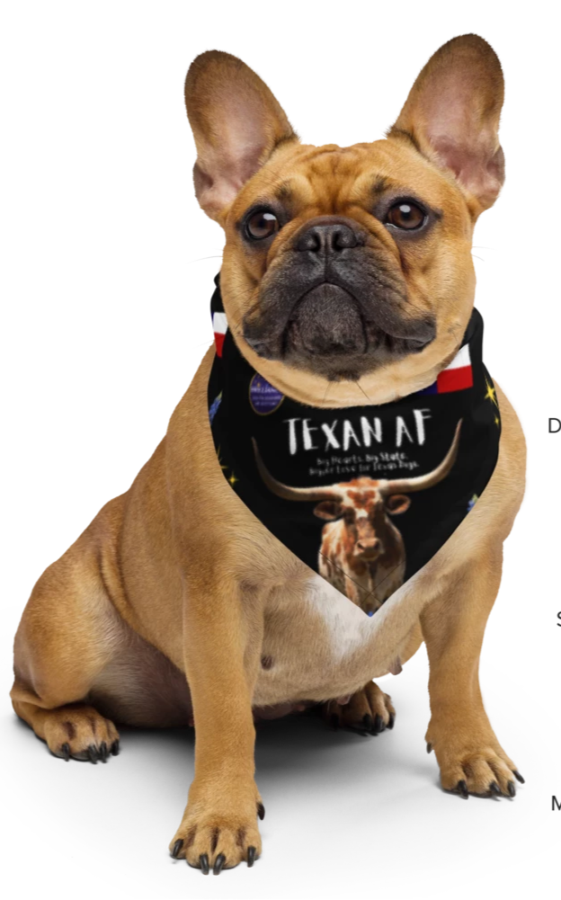 Dog wearing black Texan AF bandana
