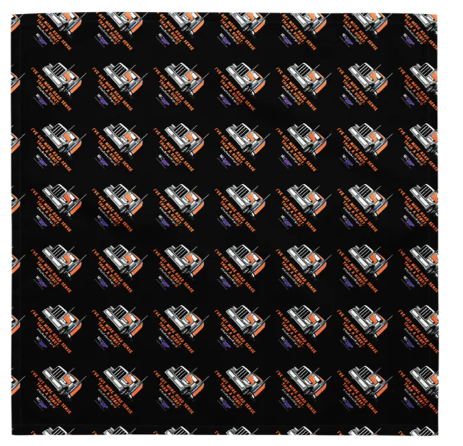 black bandana with repeating pattern of orange truck and text.