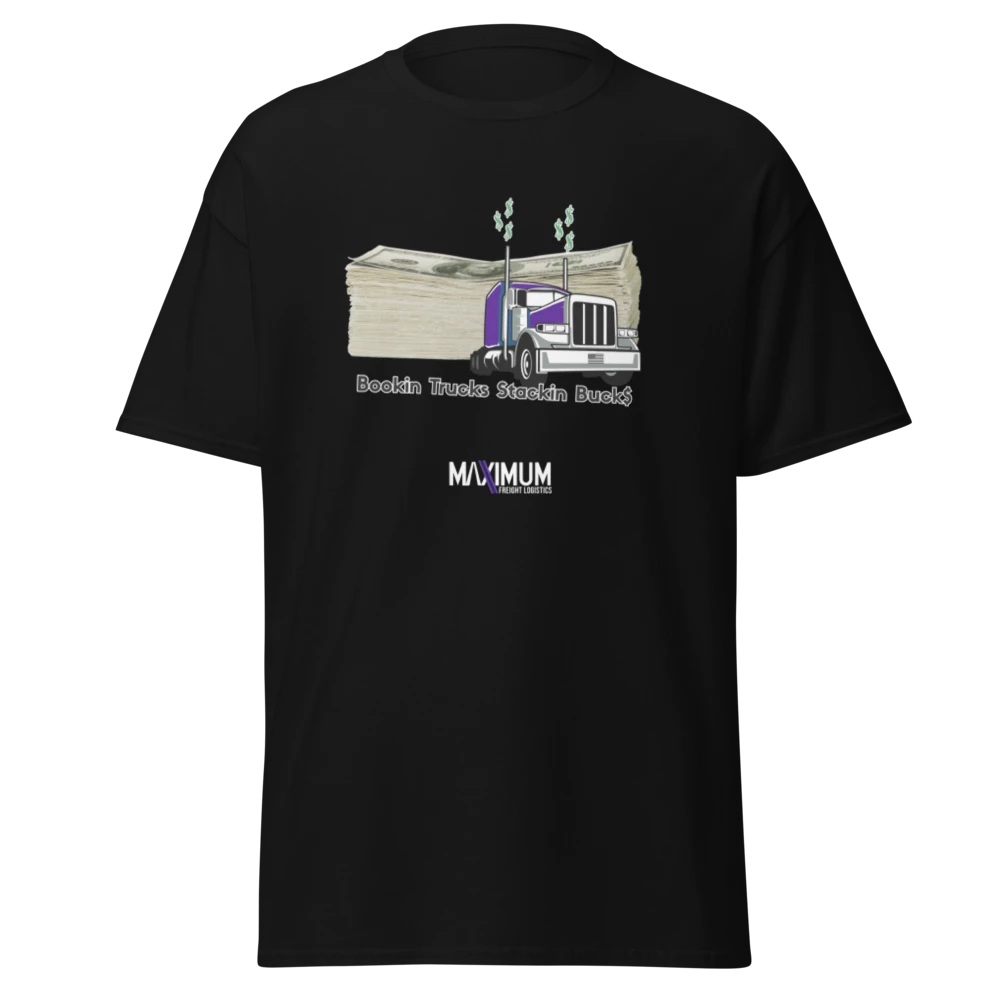 black tshirt featuring a purple truck and money.