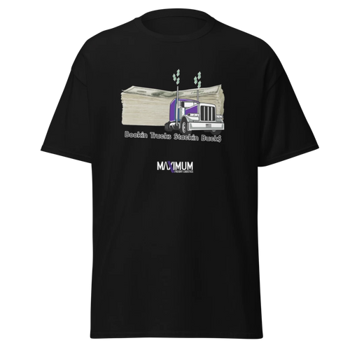black tshirt featuring a purple truck and money.
