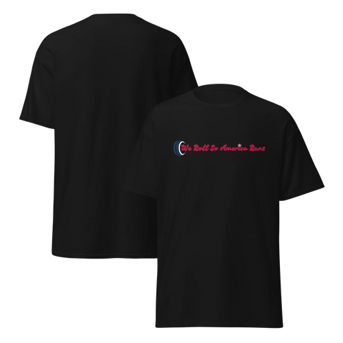black trucker tshirt featuring wheel and text stating we roll so American runs