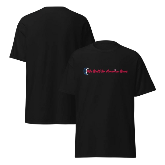 black trucker tshirt featuring wheel and text stating we roll so American runs