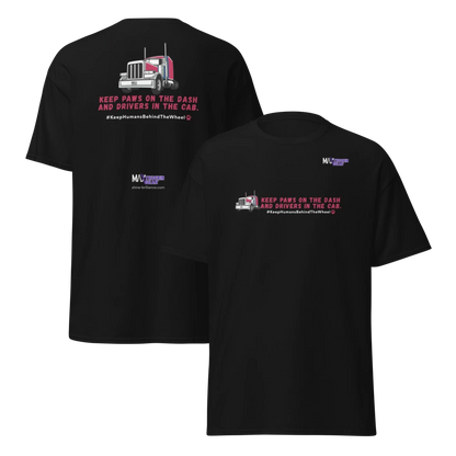 Black trucker tshirt featuring red truck and text.