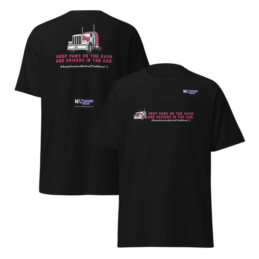 Black trucker tshirt featuring red truck and text.