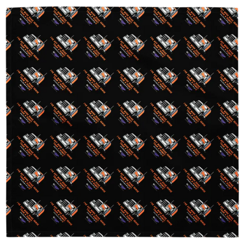 black bandana with repeating pattern of orange truck and text. 