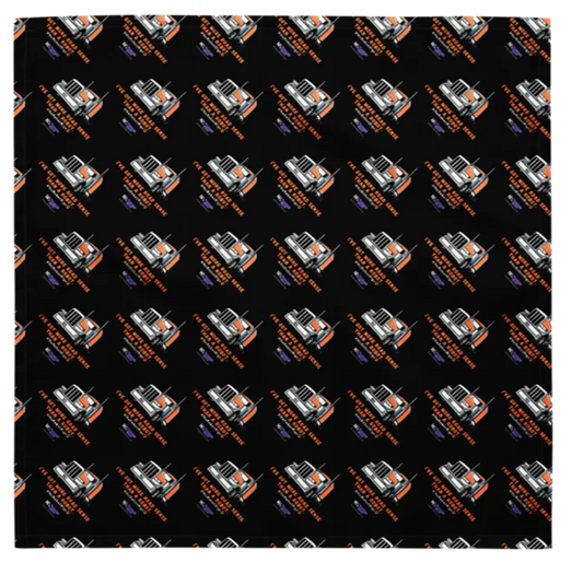 black bandana with repeating pattern of orange truck and text. 