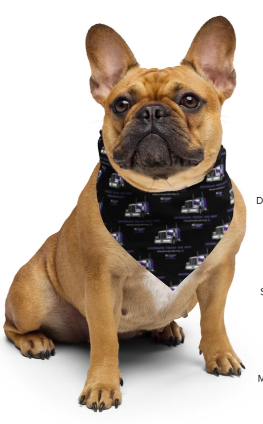 Black bandana with repeating pattern of purple truck and text.