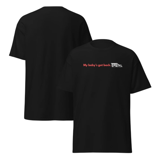 Black trucker t with flatbed and text saying  my baby's got back.