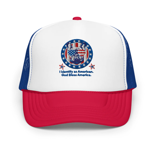 I Identify as American. Patriotic Pup Trucker Hat